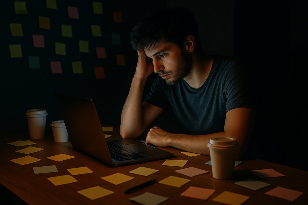 Confused solo business man at messy desk